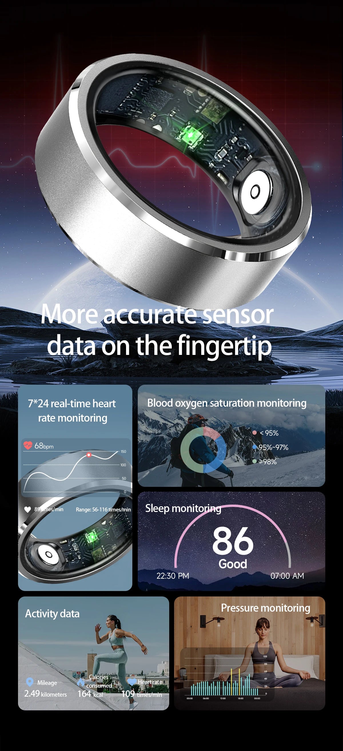 HealthRing™ - Neuer Smart Fitness Ring mit Gestensteuerung, Herzfrequenz, Blutsauerstoff, Blutdruck, Schlaf, Schritte, Entfernung und Kalorien für Android und IOS