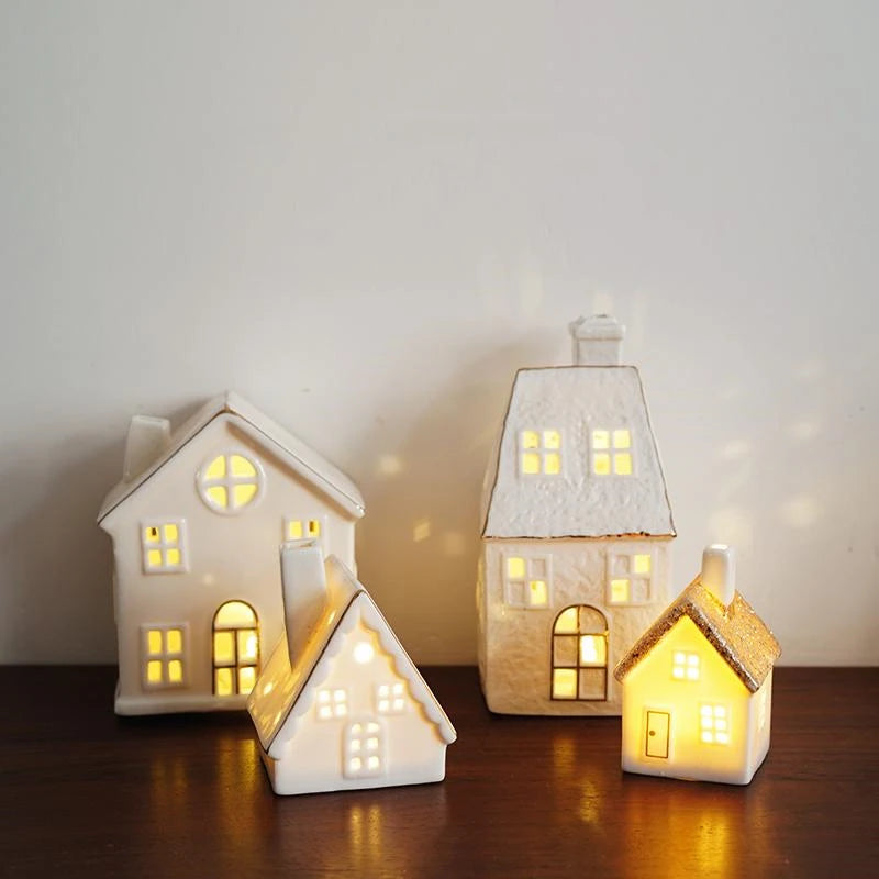 Holiday Glow™ Keramisch Lamp Ornament - Gouden rand, uitgeholde kerst- en winterdecoratie